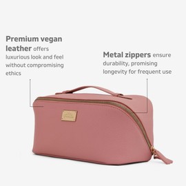 Travel Makeup Bag,Vanity Case,Large Capacity,Cosmetic Bag,Organizer with Divider,Vegan Leather,Open Flat Toiletry Bag,Metal Zippers,Gift Idea (Pink)