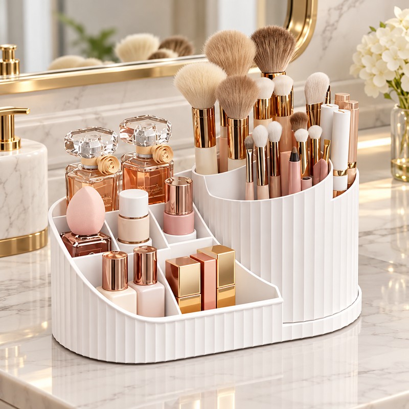 360° Rotating Makeup Organizer for Vanity – Multi-Compartment Cosmetic Storage