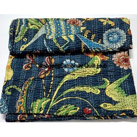 Sambhav Quilt Hub Handblock Animal Print Handmade Cotton Kantha Quilting Boho Bedding Throw Blanket Hippie Queen/King Size Bohemian Block Kantha Quilt