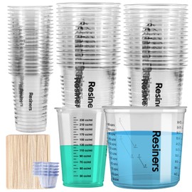 Epoxy Measuring Cups, Resiners 50pcs Resin Mixing Cups for Epoxy Resin, Paint, Crafts Use, with 30 x 24oz & 20 x 8oz Dual Sizes, 50 Mixing Cups, 50 Wooden Sticks, Clear Plastic