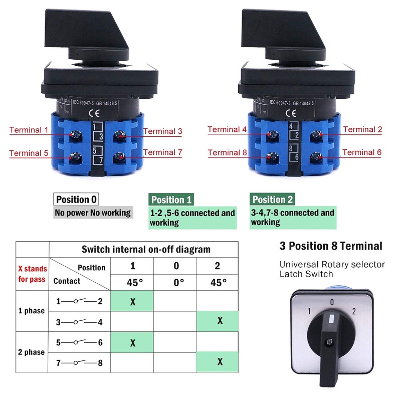 Taiss Changeover Switch 3 Position Selector Switch Box 8 Terminals