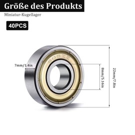 Pack of 40 608 ZZ Ball Bearings, Double Shielded Miniature Deep Groove Ball Bearings, Skateboard Ball Bearings for Skateboard Skates Roller Inline, 8 x 7 x 22 mm