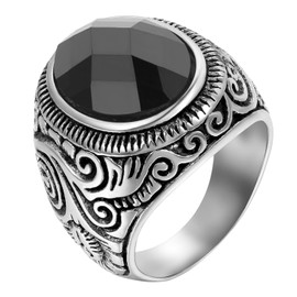 JewelryWe Mens Stainless Steel Ring: Classic Vintage Artificial Black Onyx Stone Rings Gothic Punk Biker Tiger Eye Signet Ring Bands for Valentines Day Fathers Day Anniversary