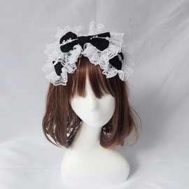 Furimuk Lolita Bow Lace Headband Headdress Gothic Ruffled Vintage Cosplay Hairband Hair Accessories for Tea Party Princess Costume (Black)