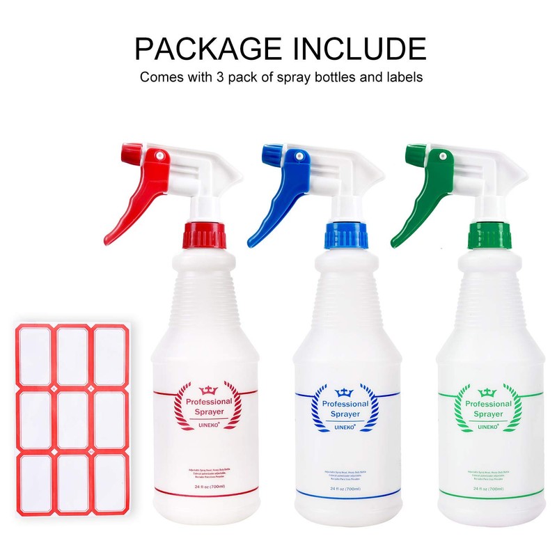 Uineko Plastic Spray Bottle (3 Pack, 24 Oz, 3 Colors)