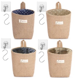 4 Stück Baumwolle Leinen Aufbewahrungstasch, Hängende Kleine Aufbewahrungskörbe, Faltbare Aufbewahrungskorb zum Aufhängen, Wasserdicht Wand Organizer Hängend mit S Griff und J Haken, für Kleinigkeiten