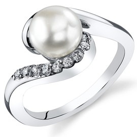PEORA Freshwater Cultured White Pearl Bypass Ring in Sterling Silver, 7mm Round Button Shape, Comfort Fit, Size 5, Dainty Pearl Rings, Trendy, Classic Ring for Wedding, Formal, Everyday