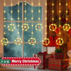 ELKTRY Weihnachtsdeko Fenster Innen, IP65 Wasserdicht 3x0.7m 100 LED lichtervorhang Lichterkette mit 10 Hängende Weihnachtspuppen Warmweiß Weihnachtsbeleuchtung außen mit 8 modi Timer Stecker