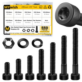 Mywish 550Pcs M3 Screw Metric Screw Assortment, Grade 12.9 Alloy Steel Hex Socket Head Cap, Metric Bolt Assortment, Flat & Spring Lock Washers/Nuts, Black Oxide, Anti Rust Machine Screws