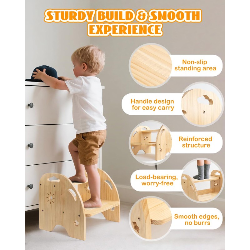 Wooden Toddler Step Stool for Kids - Non Slip 2