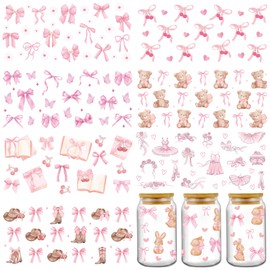 Coquettte Bows UV DTF Decals - 8 Sheets Pink Bow Cherry Uvdtf Cup Wraps for 16 oz Glass Water Bottle, Cute Bear Cowboy Hat Transfer Stickers for Craft Decal Decorate Birthday Gift for Girlfriend