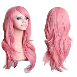 YOVEKAT 27inch Long Curly Cosplay Costume Party Hair Wig Full Hair Wavy Wig Daily (Pink)