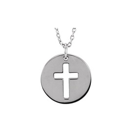 Solid 925 Sterling Silver Pierced Cross Crucifix Disc Charm Pendant Chain Necklace Adjustable 16" to 18" (12mm x 12mm)