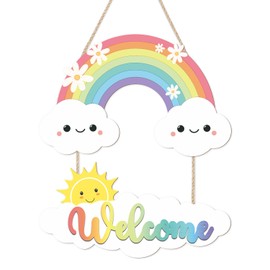 LHIUEM Welcome Classroom Door Decor,Sun Cloudy Smiles Plaque Set of 2(5”X11”) Pastel Rainbow Teacher Door Hanger,Boho Classroom Decorations for Teachers,Welcome Rainbow Wood Decor for Bedroom Nursery