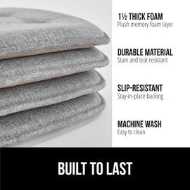 GORILLA GRIP Slip Resistant Tufted Chair Cushions, No Ties Required, Memory Foam Pads for Dining Room Kitchen Table, Office, Rocking Chairs, Plush Seat Cushion Pad, Home Decor, Set of 4, 16x17, Gray