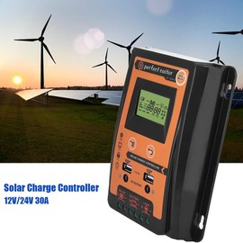 MPPT solar controller, 12 V/24 V LCD display solar charge controller with dual USB port, automatic identification system voltage., 30A, Default