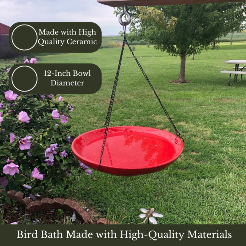 Backyard Essentials Red Ceramic Hanging Birdbath, Black Metal Chain Hanger,