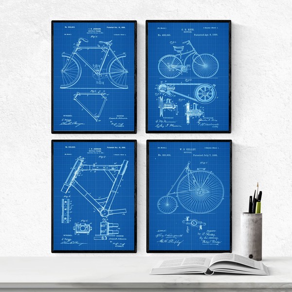 Nacnic BLUE - Pack of 4 sheets with patents BICYCLES.
