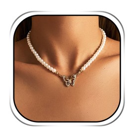 Ushiny Vintage Pearl Necklace Gold Butterfly Rhinestone Necklaces Festival Birthday Party Necklace Jewellery for Women and Girls, Pearl Rhinestone Metal, Rhinestone