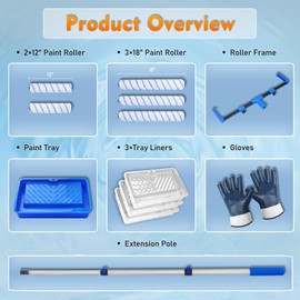 BERXOL Paint Roller Kit, Disposable Paint Tray Liners, 18in and 12in Roller Covers, 21.26~47.64in Extension Pole, Large Paint Rollers(Gloves Included)