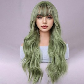 WTHCOS Avocado Green Wigs for Women Long Curly Wavy Matcha Green Wig with Bangs Heat Resistant Synthetic Wigs for Cosplay Costume Party （green Wig）
