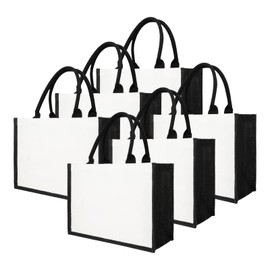 TopTie 6 PCS Burlap Canvas Tote Bags Black & White, Grocery Shopping Bag Beach Bag for Picnic