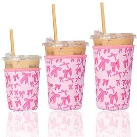 Reusable 3-Pack Iced Coffee Cup Sleeve, Insulated Neoprene, Beverage Holder for Iced Coffee, Durable Drink Sleeve for Cold Beverages, Pink Bows