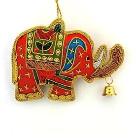 Zardozi - Embroidered Christmas Ornament - Red Elephant with Bell