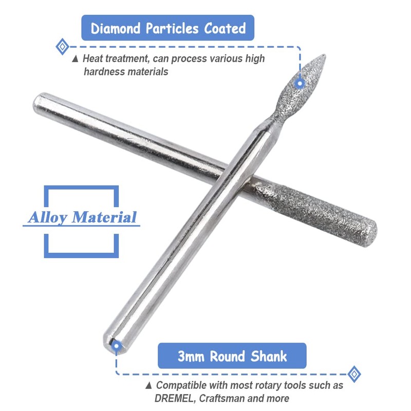 Bestgle 30 Pcs Diamond Burr Assortment Set, 3mm Shank Diamond