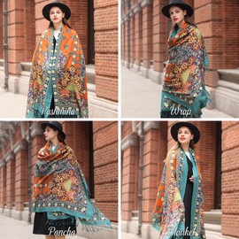 DANA XU 100% Merino Wool Extra Large Pashmina Blanket Travel Scarf Cashmere Wrap for Women Fall Winter Oversize Shawl Floral