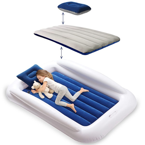 Portable Travel Inflatable Air Bed for Kids, Toddler Blow Up Mattress with Sides, Idea for Road Trip Camping Sleepovers, Navy Blue & Grey