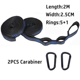 2 pieces, hammock attachment 2 m x 2.5 cm, rope for hammock with 6 loops, hammock straps, hammock attachment set, with 2 hook carabiners, for hammock, hanging chair, swing, camping, outdoor