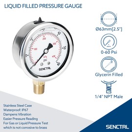 SENCTRL 60 Psi Glycerin Liquid Filled Low Pressure Gauge, 2.5" Dial Size, 1/4" NPT Lower Mount, Stainless Steel Case, Pool Sand Filter Water Pump Tire Water Oil Air Pressure Test