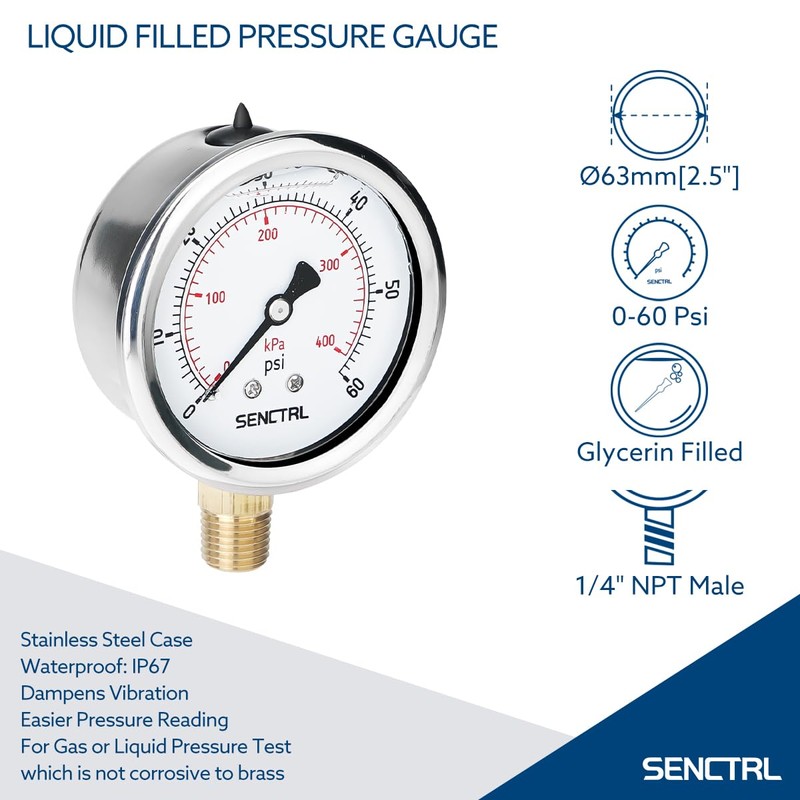 SENCTRL 60 Psi Glycerin Liquid Filled Low Pressure Gauge, 2.5"