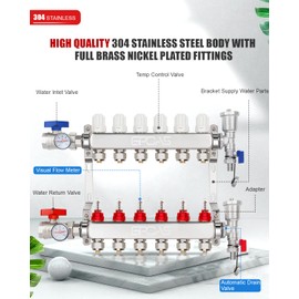 6-Loops Radiant Floor Heating Manifold Pex Pipe Radiant Heat Floor Manifold 304 Stainless Steel for 1/2" PEX Tube