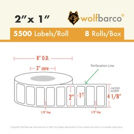 Thermal Transfer Paper Label/Industrial Grade 2"X 1" White, with Perforation, 3" Core, 8" OD,5500 Labels/Roll (8 Rolls per Box), Compatible with Zebra, Godex and Datamax Printers