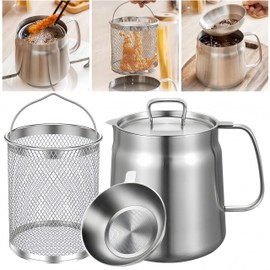Korekaou Oil Pot Stainless Steel Oil Strainer Multi-Purpose Oil Pot Fryer Tempura Oil Residue Filter Oil Strainer Oil Container (Includes Filter + Frying Basket, 1.5L)