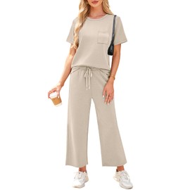 WIHOLL Beach Vacation Clothes for Women 2 Piece Travel Airport Outfits Fashion 2025 Comfy Summer Matching Sets Women Clothing Tropical Wide Leg Pants Lounge Sets Pjs Beige S