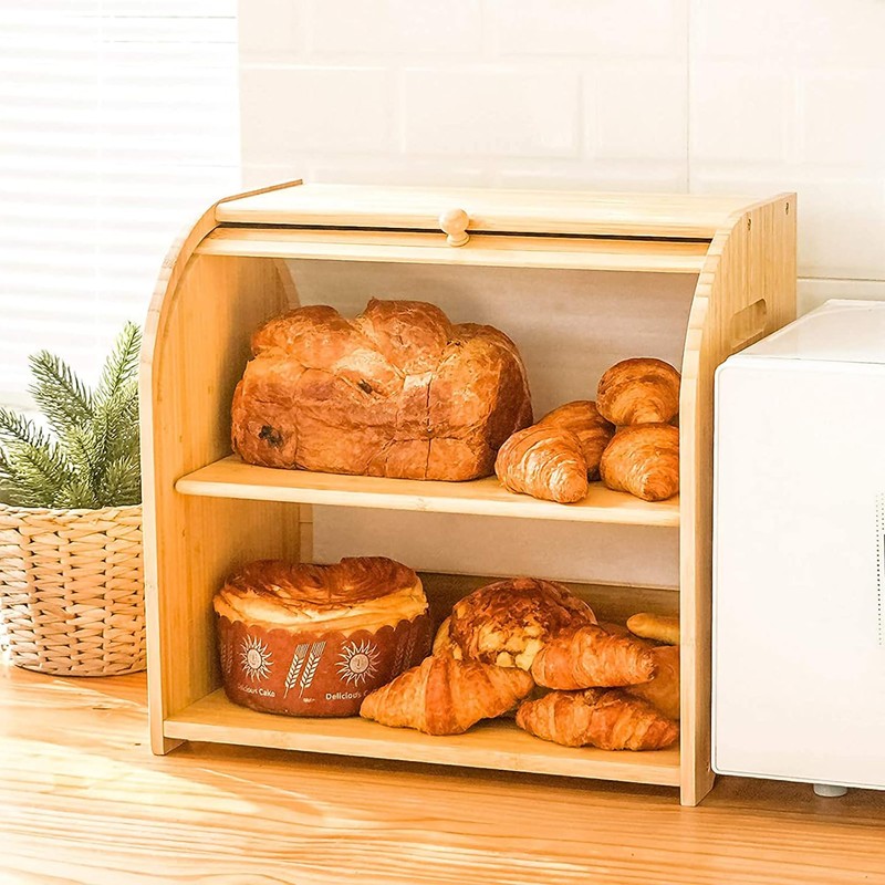 WRONWA Natural Bamboo Bread Box for Kitchen Countertop, Double Layer