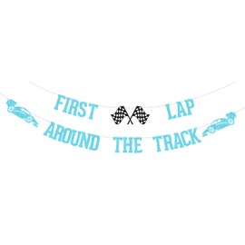 First Lap Around The Track Banner, Vintage Race Car 1st Birthday Decorations, Fast One Cars Theme Checkered Flag Party supplies Lake blue Glitter