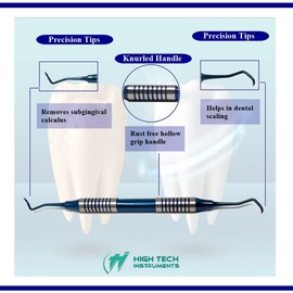 Dental Curette 204S with Hollow Handle, Blue Titanium Coated Professional Teeth Cleaning Calculus Remover Periodontal Scalers - Stainless Steel for Oral Care Double Ended Tips & Knurled Grip