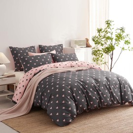 Nayoroom Heart Duvet Cover Queen Size Reversible Pink Grey Hearts Printed Coquette Bedding Set 3 Pcs Soft Microfiber Kids Girls Cute Comforter Cover Gifts for Women