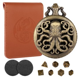 Mini DND Dice Set, Steampunk Bronze Hollow Octopus Pocket Watch Case, 7-Piece Polyhedral Metal, D&D Dice Set, DND Gifts with Leather Bag, Role Play Board Game Accessories Dice