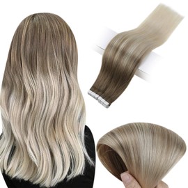 Full Shine Blonde Tape in Hair Extensions 24 Inch Remy Hair Ombre Extensions Human Hair Tape ins Balayage Color 8 Fading to 60 Platinum Blonde Remy Brazilian Seamless PU Hair Double Sided 100 Grams