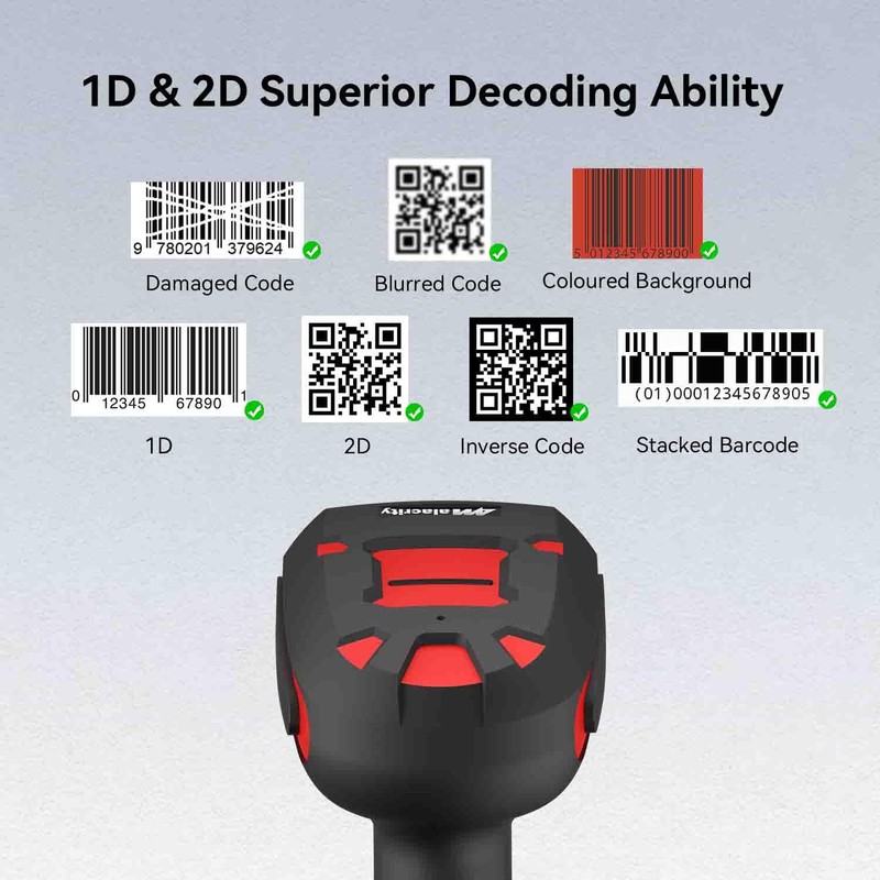Alacrity Upgraded 2D Industrial Barcode Scanner with Wireless Charging Stand,