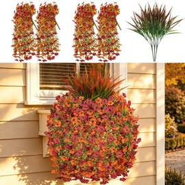 8 PCS Artificial Fall Flowers for Outdoors, UV Resistant Fake Silk Mums