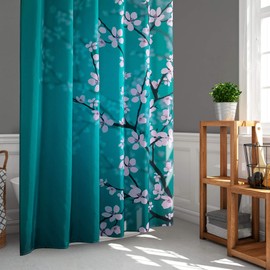 LIGICKY Japanese Style Shower Curtain for Bathroom Durable Waterproof Fabric Shower Curtains for Home Decor 180 x 180 cm, Plum on Blue Background Set with Shower Curtain Rings