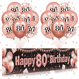 80th Birthday Decorations for Women Rose Gold and Black 80th Birthday Yard Banner and 18 PCS 80th Birthday Balloons for 80th Anniversary Birthday Party Party Supplies Indoor Outdoor Yard Decor