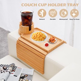 GHKINMAL Couch Cup Holder Tray, 3 in 1 Couch Arm Trays,Large Bamboo Chair Arm Rest Tray with 360° Cup Holder,Removable Anti-Slip Organizer for Snack Eating