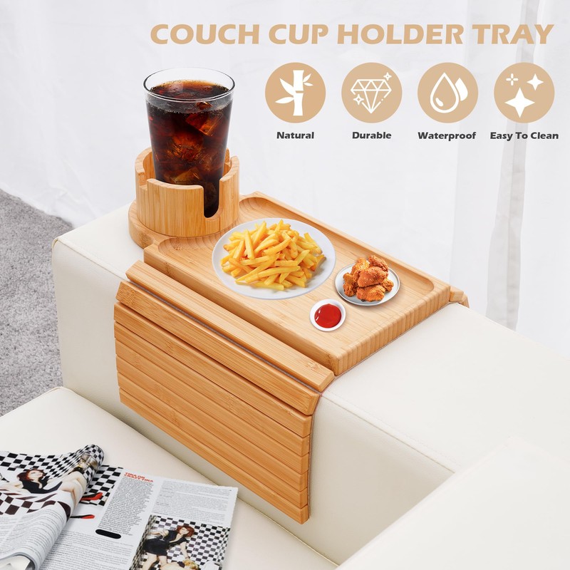 GHKINMAL Couch Cup Holder Tray, 3 in 1 Couch Arm